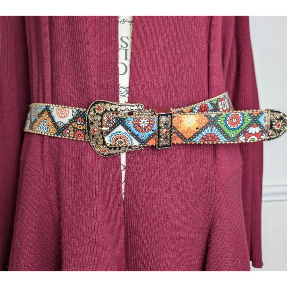 Woman's Belt Rhinestone Tapestry Boho Hippie Colorful Black Vegan Size 32 in